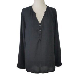 Black Long Sleeve Button-Down Blouse Women's L Amaryllis Corseted Back Option